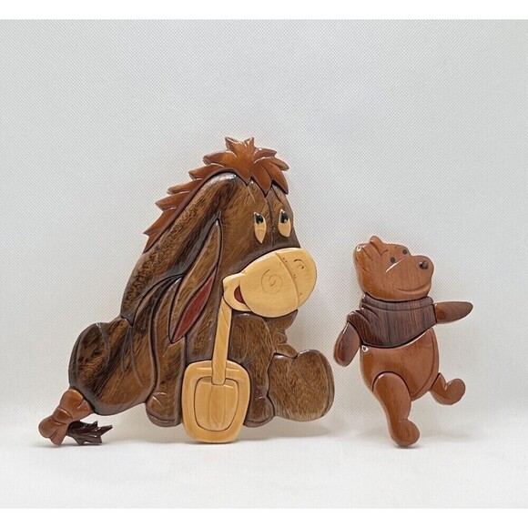 Winnie the Pooh Friend Eeyore Intarsia Wooden Art Piece Wall Hanging Set Of 2